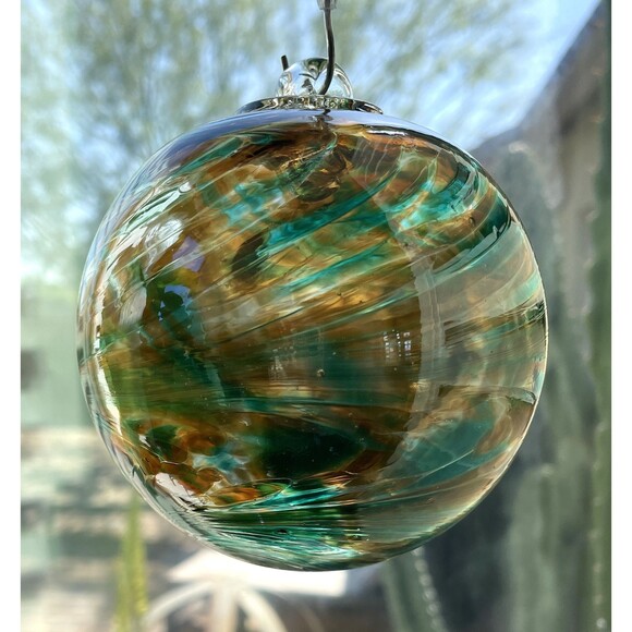 2 Sisters Artisan Glass 4" Amber & Green Speckled Blown Glass Ornament - Picture 2 of 7